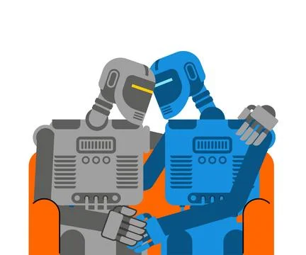 Two robots sitting together on a sofa, symbolizing friendship and support. .. Stockillustratie