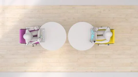 Two robots using futuristic tablets, 3d rendering Stock Illustration