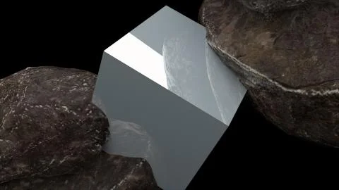 Two rocks and cube with reflection, abstraction, 3d rendering computer generated Stock Illustration