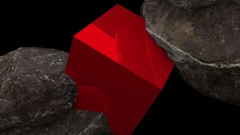 Two rocks and cube with reflection, abstraction, 3d rendering computer generated Stock Illustration