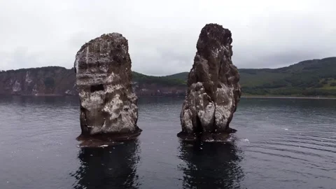 Two rocks in the ocean with flying seagulls Stock Footage 167856703