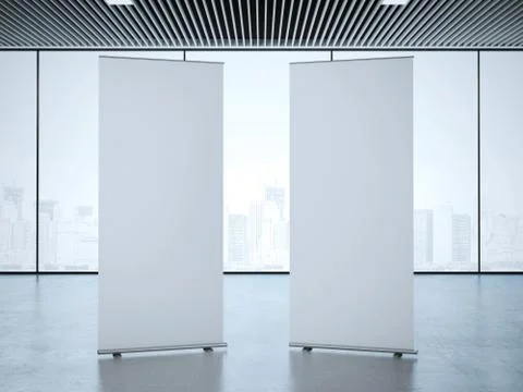 Two roll up banners at office. 3d rendering Stock Illustration