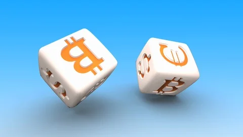 Two rolling dices with USD, Euro and bitcoin symbols Stock Footage 107696727