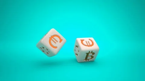 Two rolling dices with USD, Euro and bitcoin symbols Stock Footage 107698391