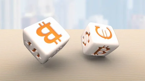 Two rolling dices with USD, Euro and bitcoin symbols 库存影片 107700528