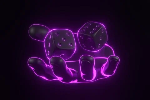 Two rolling gambling dice and hand with futuristic neon purple lights Stock Illustration