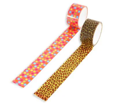 Two rolls of packing tape patterned with peas and leopard print, isolated ima Stock Photos