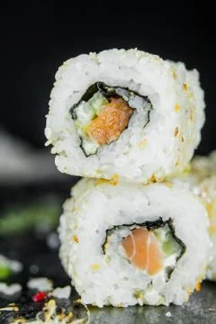 Two rolls with salmon Stock Photos