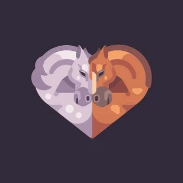 Two romantic horses in the shape of a heart. Valentine's Day flat illustratio Stock Illustration