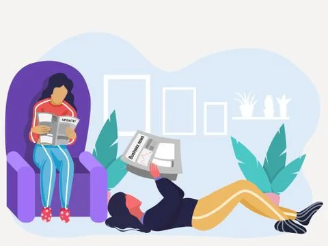 Two roommates reading newspaper sit on sofa at home and  lay down on the floo Stock Illustration