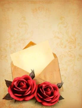 Two roses in front of an old envelope with a letter. love letter concept. vec Stock Illustration