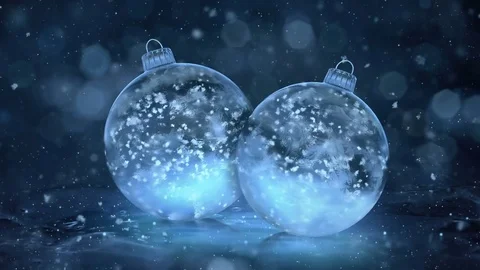 Two Rotating Christmas Blue Ice Glass Baubles snowflakes background loop Stock Footage 82436371