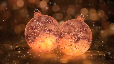 Two Rotating Christmas Golden Ice Glass Baubles snow red balls background loop Stock Footage 82437608