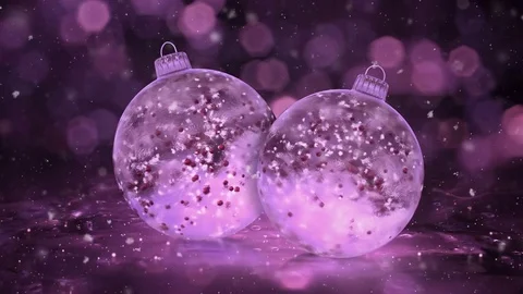 Two Rotating Christmas Pink Ice Glass Baubles snow red balls background loop Stock Footage 82436938