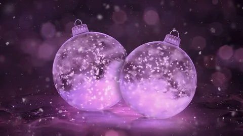 Two Rotating Christmas Pink Ice Glass Baubles Decorations snow background loop Video stock 82437076