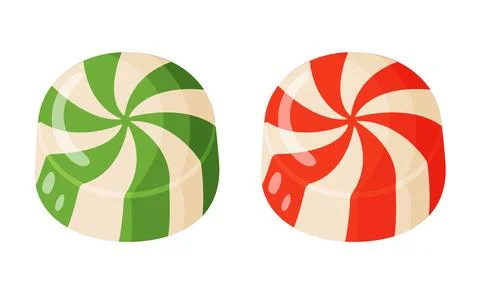 Two round candy with white spiral stripe patterns green and red. flat style Stock Illustration