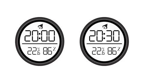 Two round digital clocks displaying time and temperature inside black circular Stock Illustration