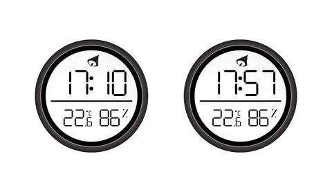 Two round digital clocks showing time and temperature with black frames on Stock Illustration