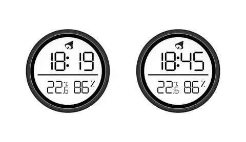 Two round digital thermometers with black frame displaying time and indoor Stock Illustration