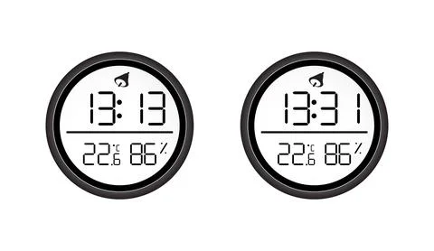 Two round digital weather clocks showing time and temperature with black frames Stock Illustration