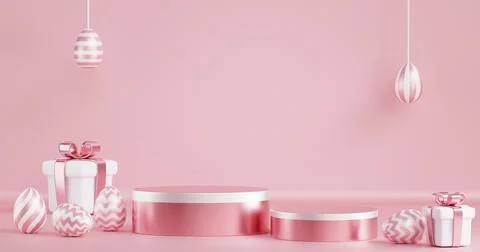 Two round podium pedestals with Easter decor on a pink background. Illustrazione stock