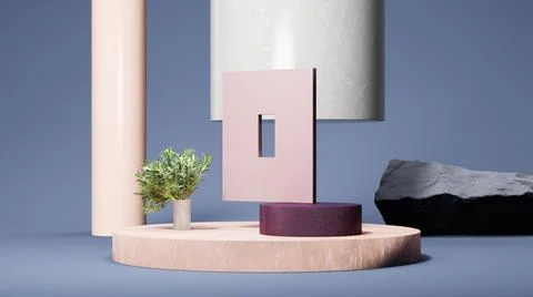 Two round podiums display, square frame and big column on the blue background Stock Illustration