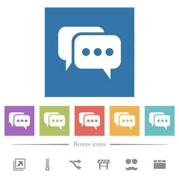 Two rounded square active chat bubbles solid flat white icons in square backg Stock Illustration