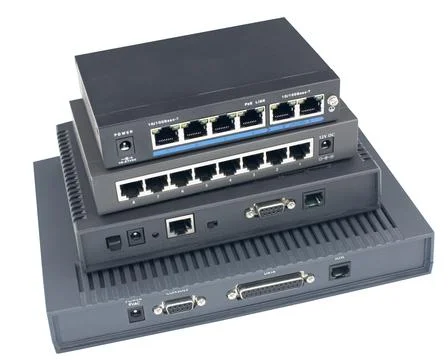 Two routers and two modems n a white Stock Photos