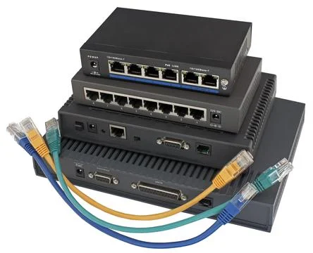 Two routers, LAN cables and two modems Stock Photos