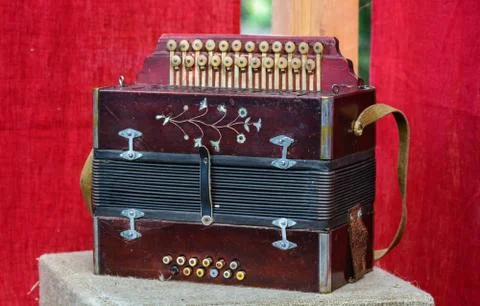 Two-row, two-voice Tula accordion. Folk musical instrument. Stock Photos