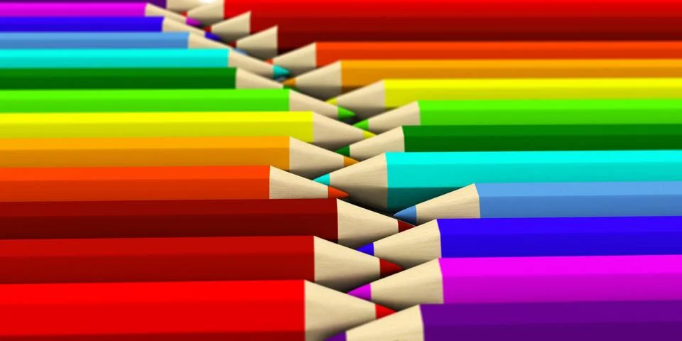 Two rows of colored pencils lying around with focus effect Stock Illustration