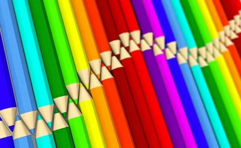Two rows of colored pencils lying wave with focus effect Stock Illustration
