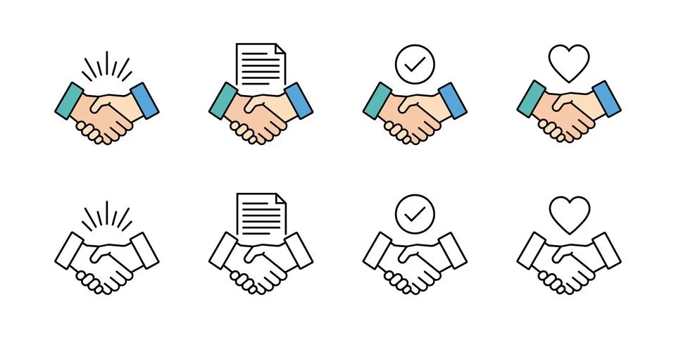 Two rows of handshake icons with contract checkmark and heart symbols agree.. Stock Illustration