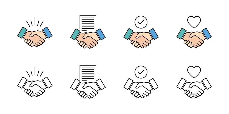Two rows of handshake icons with contract checkmark and heart symbols agree.. Stock Illustration