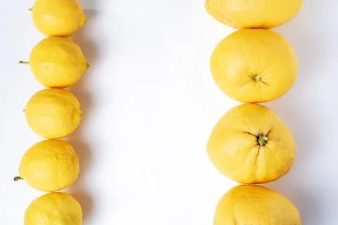 Two rows of lemons vertically, one of small lemons and another of lemons with Stock Photos