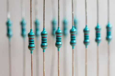 Two Rows of Resistors on Wires Foto stock