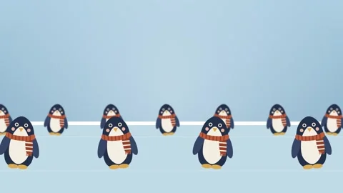 Two rows of scarf wearing penguins waddling across the ice in a never ending Vídeo Stock 348702790