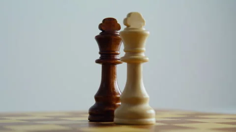 Two royal chess pieces placed on board closeup. Dark light game kings standing Stock Footage 332339431