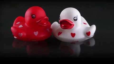 Two rubber ducks in hearts, red and white, swinging on dark water surface Stock Footage 104594169