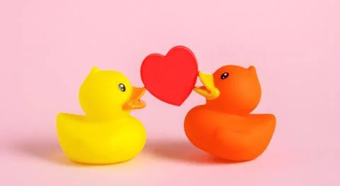 Two rubber ducks with red heart on pink background. Stock Photos