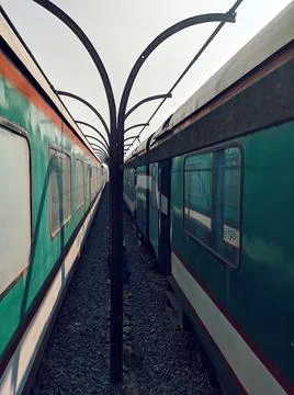 Two running train in the railway 写真素材