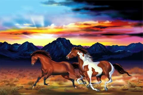 Two running wild horses at the sunset artistic illustration. galloping mustan Stock Illustration