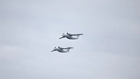 Two Russian transport planes An-72 Coaler in the sky Stock Footage 157725256