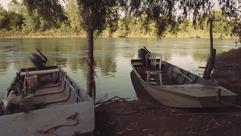 Two rustic traditional boats on river bank Stock Footage 135530579