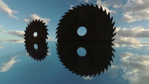 Two rusty circular saw on mirror and clouds motion, time lapse Stock Footage 95231322