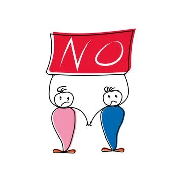Two sad hand-drawn man holding a poster with the inscription NO Stock Illustration