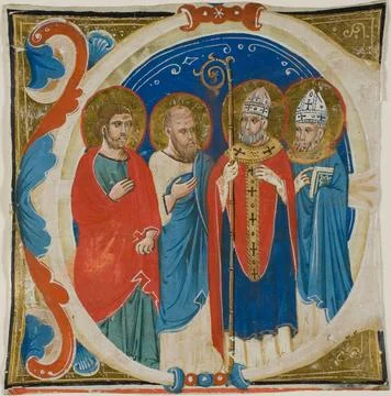 Two Saints and Two Bishops in a Historiated Initial E from a Choir Book 13... Foto stock