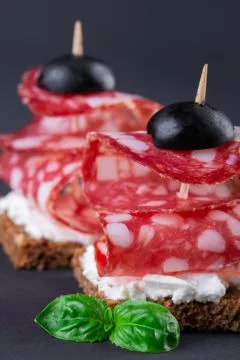 Two salami canapes Stock-Fotos
