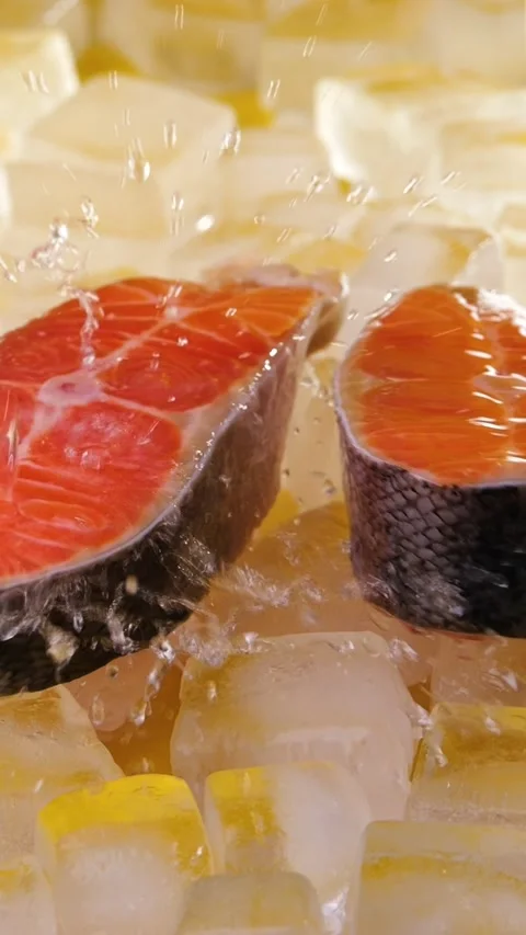 Two Salmon Steaks Falling On Ice Cubes With Splashes Vertical Slow Motion Stock Footage 292562132