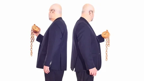 Two same men with fast &amp; slow running clocks white screen Stock Footage 105311709